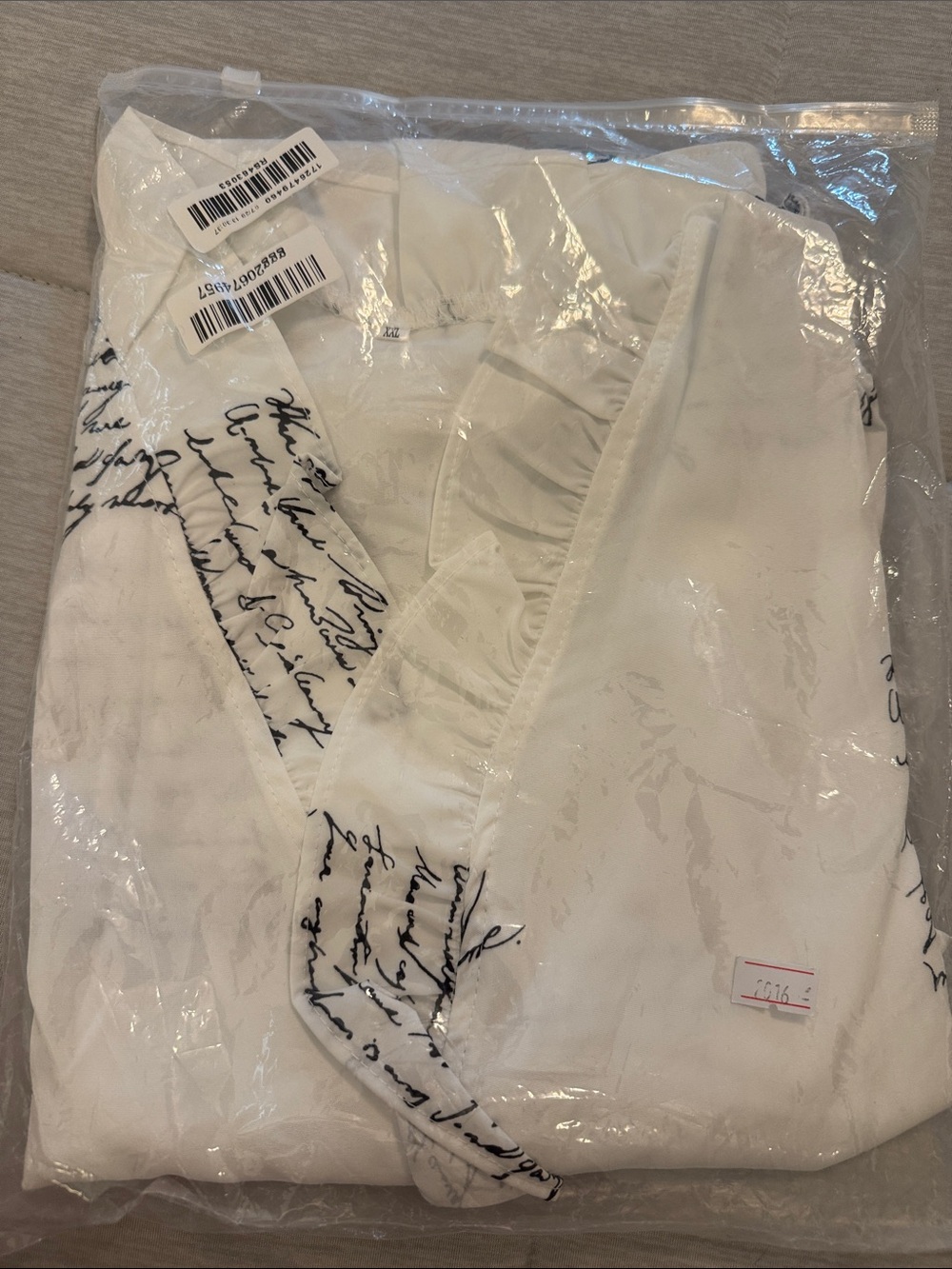 Women’s White Script Ruffle Button-Up Blouse - Picture 4 of 5
